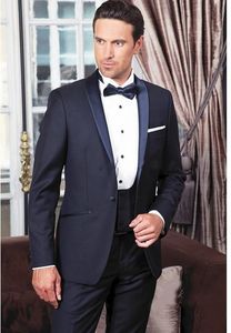 Navy Blue Groom Tuxedos Shawl Lapel Groomsman Wedding 3 Piece Suit Fashion Men Business Prom Party Jacket Blazer(Jacket+Pants+Tie+Vest) 2289