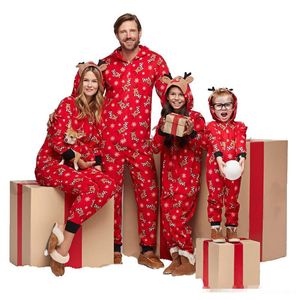 Family Christmas Matching Pajamas Mom Dad And Kids Sleepwear Family Matching Hooded Jumpsuits Christmas Deers Snowflake Printed Family Look