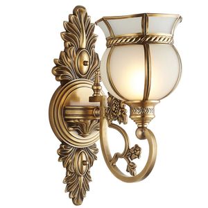 Copper Carved Living Room Wall Lamp American Glass Bedroom Bedsides European Stair Case Corridor bracket Lighting Fixtures