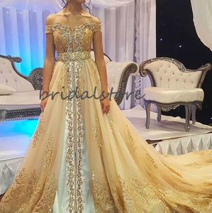 Glamorous Gold Evening Dresses Muslim Off The Shoulder Beaded Crystal Prom Dresses Elegant Caftan Abaya Indian Evening Gowns robes de soirée