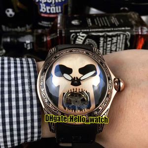 Yeni 45mm Kabarcık Altın Kafatası Tourbillon Otomatik Erkek İzle Pembe Altın Floransa Oyma Shell Eğlence Balık Gözü Kara Lastik Saatler Hello_watch Dial