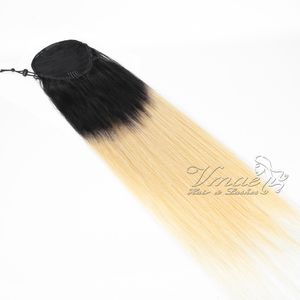 VMAE 100 g 120 g 140 g Pferdeschwanz mit Kordelzug, Schwarz #1B/#613 Blond, Ombré-Farbe, gerade Clip-in-Echthaarverlängerungen