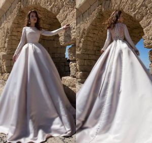 Wholesale country chic weddings resale online - Chic Satin Country Wedding Dresses Jewel Neck A Line Sweep Train Buttons Lace Back Long Sleeve Bohemian Wedding Dress Plus Size Bridal Gowns