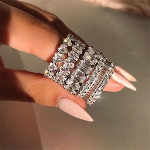 4 Styl Ins Hot Sprzedaż Prosta Moda Biżuteria Prawdziwe 925 Sterling Silver Emerald Kształt White Topaz CZ Diament Promise Kobiety Wedding Band Ring