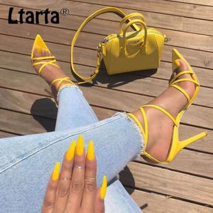 LTARTA Sexy желтый Сандалии женские Сандалии лето Новый Указал Рыба Рот Крест Stilettos острый наконечник пальца ноги 11.5cm пятки ZL-222-5 CJ191226