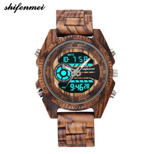 Shifenmei 2139 アンティーク メンズ ゼブラとエボニーウッドの腕時計 ダブル ディスプレイ ビジネス腕時計木製デジタル クォーツ時計 Y19051503
