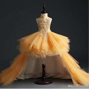 Gold Tulle Girl's Pageant Dress Birthday Party Dress Hi-Lo Sequin Beads Flowers Girl Princess Dress Fluffy Kids First Communion Dresses335