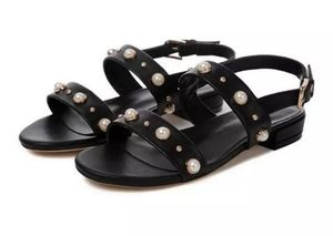 Hot Sale-Brand hot pearls gladiator sandals open toe ankle buckle flat heel genuine leather sandals 2017 beach summer shoes size 40