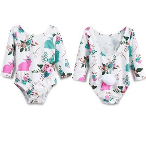 Cute Baby Girls Wreath Bunny Rabbit Rompers with Pom Pom Tail Long Sleeve Flower Jumpsuit Playsuit Newborn Infant Easter Costumes M1145