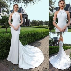 2020 Bohemian Mermaid Wedding Dresses Halter Neck Sleeveless Plain Bridal Gown Backless Sweep Train Custom Made Satin Vestidos De Novia