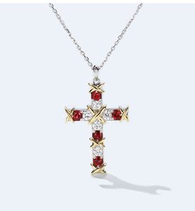 Brand Classic Ins Top Selling Luxury Jewelry 925 Sterling Silver Cross Pendant Ruby White CZ Diamond Party Women Link Chain Necklace Gift