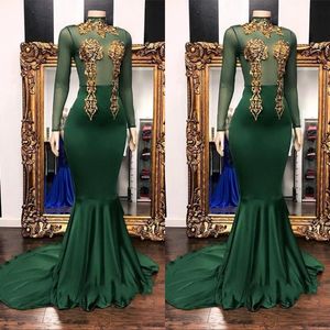 Customize Dark Green with Gold Applique Mermaid Prom Dresses Sheer Long Sleeve High Neck Sweep Train Evening Gowns Formal