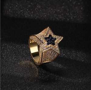 14K Gold Plated Blue Stone CZ Star Rings Real Shine Bling Bling Ring Hip Hop Jewelry New Arrival 2019 Mens Fashion