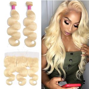 Indian Virgin Hair Extensions Two Bundles With 13X4 Lace Frontal Body Wave 613# Blonde 100% Human Hair Wefts With Closure
