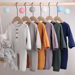 Ins Menino Simples Roupas Menina Romper Primavera Queda de Manga Longa O-pescoço Cor Sólida Soft Romper Roupas 100% Algodão Algodão Bebê Macacões 0-2T