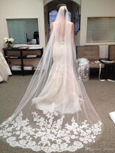 2020 Selling Cheapest In Stock Long Chapel Length Bridal Veil Appliques 2019 Veu De Noiva Longo Wedding Veil Lace Purfle with208V