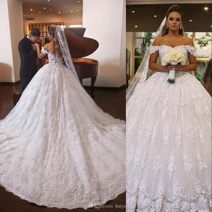 New Arabic Ball Gown Wedding Dresses Dubai Off Axel Illusion Full Lace Applique Pärlor Crystal Court Tåg Plus Storlek Formella Brudklänningar