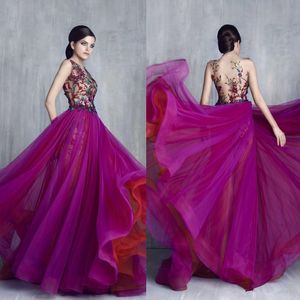 Tony Chaaya Dresses Evening Wear Sheer Jewel Neckline Beaded Evening Gonws A-Line Sweep Train Appliqued Tulle Formell Dress 4001