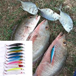 HENGJIA 10 colori Minnow esca da pesca Artificia Esca galleggiante Esca dura in plastica 9 cm 8 g con amo triplo piuma 6 # Occhi 3D realistici