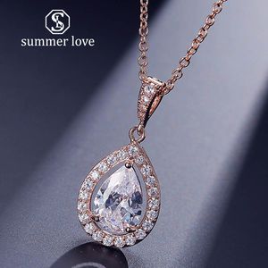2021 Newest Arrival Silver Rose Gold Plated Pendant Necklace Teardrop Cut Cubic Zirconia Jewelry for Women Crystal CZ Fashion Wedding Gift