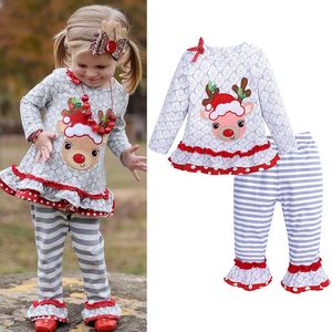 Christmas Girls Clothing Set Kids Elk Bow Long Sleeves Plaid t-shirt Top + Flare Lace Striped Pants 2pcs/set Outfits Children Clothes M689