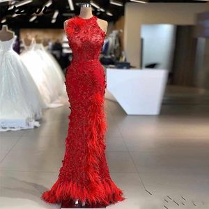 Red Feather Mermaid Prom Dresses Jewel Neck Koraliki 3D Kwiat Arabski Dubaj Syrenka Suknie wieczorowe Celebrity Formalna sukienka