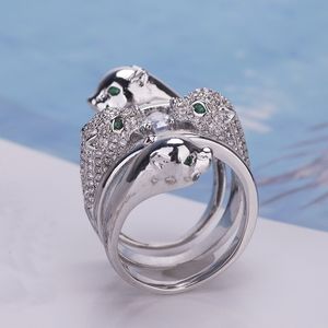 Hot Sale Mode Lady Brass Green Eyes Diamond Four Leopard Head 18K Gold Bröllop Engagement Wide Rings Storlek6-9