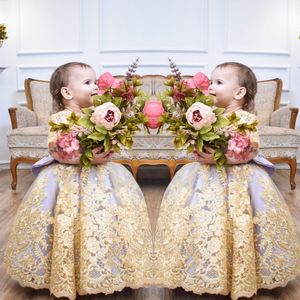 Cute Ball Gown Flower Girl Dresses For Wedding Gold Lace Appliques Princess Girls Pageant Gownswith Bow Short Sleeve Baby Party Dress