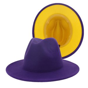 Purple Yellow Patchwork Unisex Panama Wool Felt Fedora Hats with Belt Buckle Women Men Wide Brim Party Trilby Gambler Hat