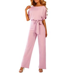 Kvinnors Bat Sleeve Jumpsuit Button Short Sleeve Solid Färg Playsuit Clubwear Belt Wide Long Long Pants Workwear Body Mujer # 5T