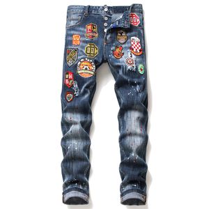 Novos homens jeans skinny jeans rasgados para os homens pouco calças crachá pintura trecho homens roupas hip hop streetwear Primavera Outono azul