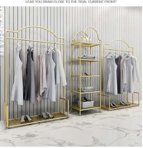 Clothing store display rack nano gold shelf Commercial Furniture light luxury women's cloth shop clothes racks side hanging shelf floor type combination