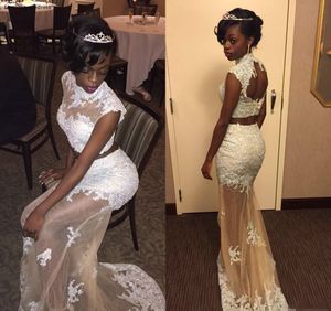 2020 Beyaz Champagne 2 Adet Eve Dönüş Balo Parti Elbise İçin Afrikalı Kızlar Yüksek Boyun Dantel Aplike Boncuk Anahtar Deliği Geri Elbiseler Akşam Giyim