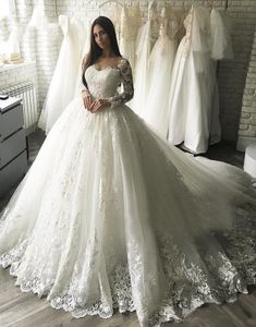 2020 Full Lace Long Sleeve Ball Gown Wedding Dresses Sheer Neck Appliqued Bridal Gown Arabic vestido de novia BC2546