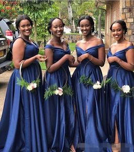 Mavi zarif nedime elbiseler omuz saten tarafı yarık bölünmüş artı boyutu onurlu elbisesi Düğün Konuk resmi giyim