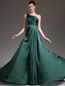 2019 New Beautiful dark Green Prom dresses hot sale evening dresses one shoulder formal gown beaded shiny crystal Vestido De Festa