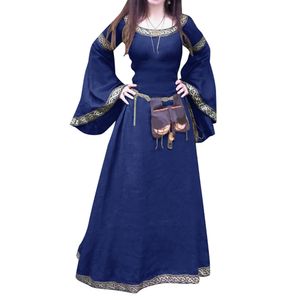 Wholeslae-Retro Abito medievale da donna medievale a maniche lunghe con scollo tondo e scollo a V