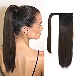 Owiń wokół Ponytail Proste Ludzkich Hair Extension Clip w cali Brazylijski sznurek Pony Tail Hairpiece Czekolada Ciemnobrązowy