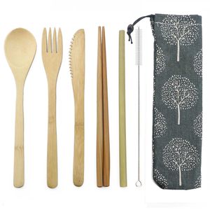 Wooden Outdoor Utensils Portable Travel Picnic Camping Cutlery Set Eco-Friendly Bamboo Cutlery Set Wooden Dinnerware Set With Pouch Bag