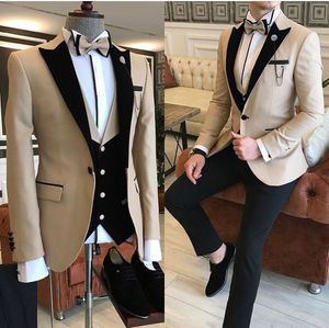 Champagne One Button Mens Prom Suits Peaked Lapel Wedding Suits For Men Cheap Tuxedos Three Pieces Blazers Jacket Pants And Vest
