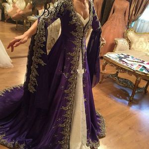 Purple Kaftan Arabic Evening Dresses Long Sleeve Lace Prom Dress Muslim Dubai Formal Evening Gown elegantes vestidos formales de noche 2019
