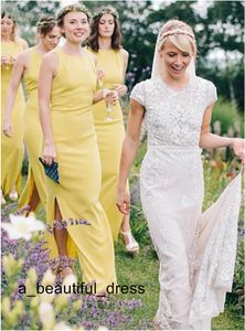 Simple Mermaid Bridesmaid Dresses Sleeveless Sheath Side Slit Yellow Satin Cheap Long Bridesmaid Dresses Custom Made