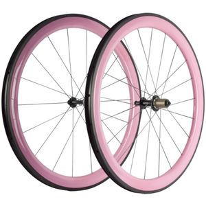 700C Clincher Tubeless Tubular 50mm Depth Carbon Wheelset 25mm Width Carbon Wheels Road Bicke Pink Paint Wheels Inner Holes