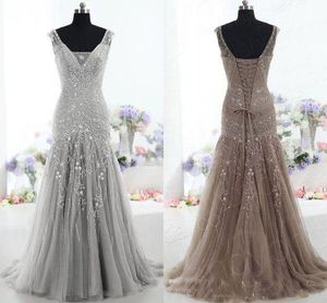 High Quality Brown Evening Dress Drop Waist V Neck Mermaid Court Train Beading Sequins prom dresses Tulle Mother of the Bride Dress