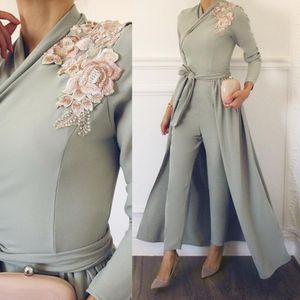 African Dubai Ankle Length Jumpsuit Prom Dresses With Detachable Train Appliques Long Sleeves Muslim Evening Dress robe de soiree