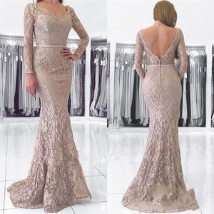 Newest V-neck Long Sleeve Mermaid Prom Dresses 2020 Lace Button Back Satin Long Evening Dresses Party Prom Gowns
