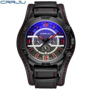 Crrju m￤n sex-stift kronograf sport kvarts klockor manlig mode present armbandsur med l￤der rem milit￤r klocka erkek saatleri