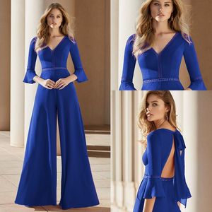 Elegant Charming Evening Formal Jumpsuit Prom Wear V Neck 3 4 Sleeves Backless Long Women Prom Gowns Celebrity Party Dress Custom Made
