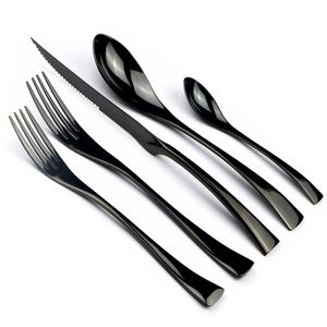 JASHII 5Pcs Black Stainless Steel Dinnerware Plate Silverware Dinner Steak Knives Dessert Forks Teaspoon Tableware Cutlery Set T200430