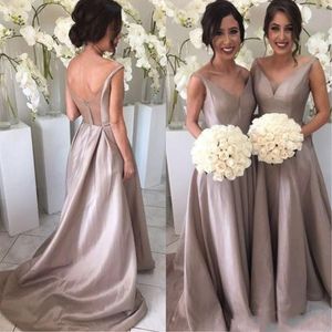 2020 Satin A Line Wedding Guestes Suknie V Neck Open Back Plus Size Druhna Dresses Sweep Pociąg Formalna Maid of Honor Suknie AL4698